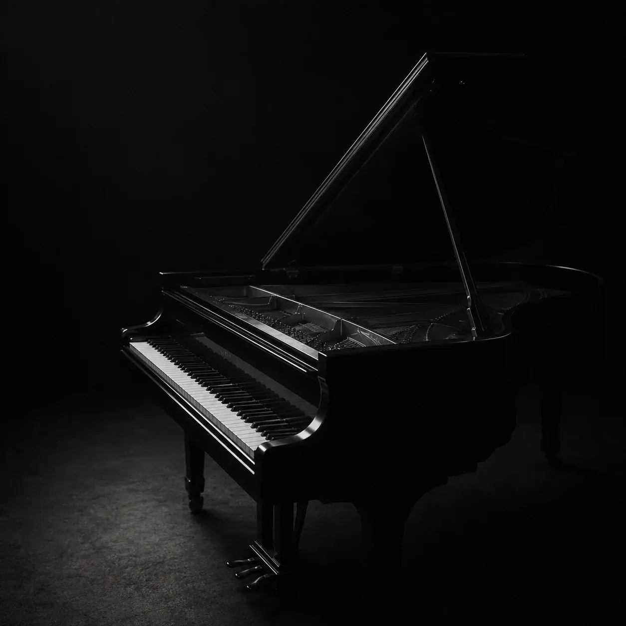 Un piano à queue dans la pénombre, en noir et blanc